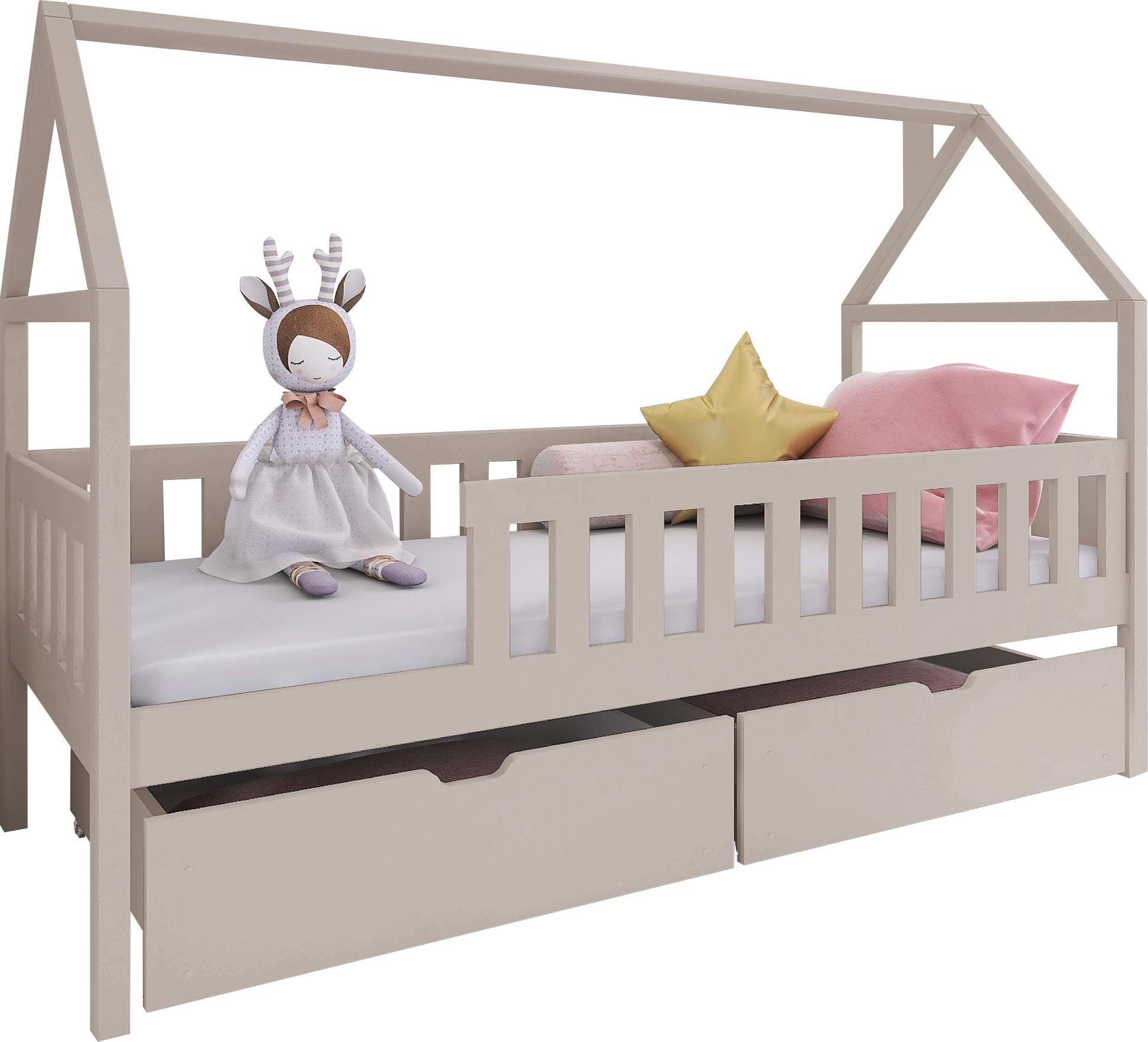 MIRJAN24 Kinderbett mit schubladen Domi, Hausbett, Lattenrost Flex aus Buchensperrholz (Farbe: Cashmere, Größe: 80x200 cm)