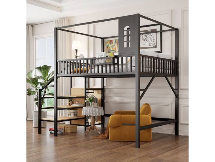 Lit mezzanine enfant 2 places 140x200 cm Lit cabane Lit jeune adulte Lit double en métal avec escalier de rangement armoire noir