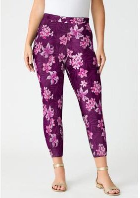Plus Size Women's Plus Size Essential Stretch Capri Legging by Roaman's in Berry Tropical Floral (Size 12) Activewear Workout Yoga Pants