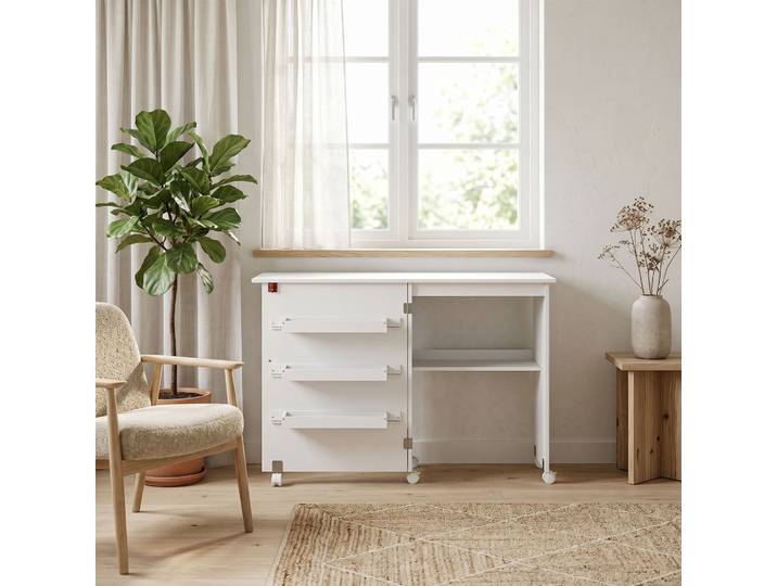 HOMCOM Table Couture Pliante avec Rangement et Roulettes Blanche