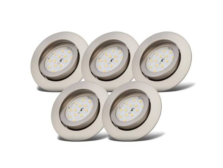 B.K.Licht - 5er Set LED Einbaustrahler 230V dimmbar in Stufen, schwenkbar, Lochdurchmesser 68mm, LED Spot, flach, Deckenspots, Spots, Einbauleuchten, Einbauspots, 82x28 mm, Matt-Nickel