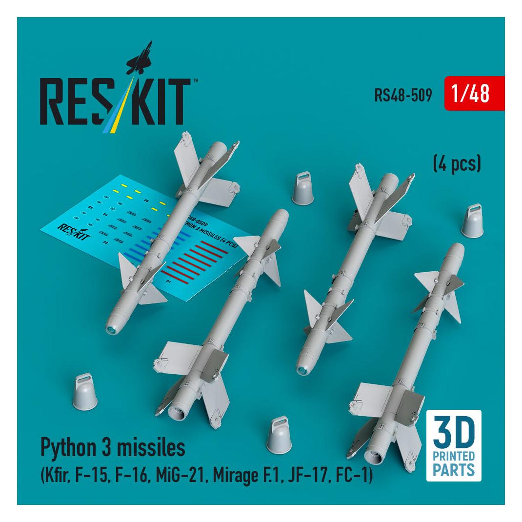 ResKit Python 3 missiles (4 pcs) (Kfir, F-15, F-16, MiG-21, Mirage F.1, JF-17, FC-1) (3D Printed) (RS48-0509)