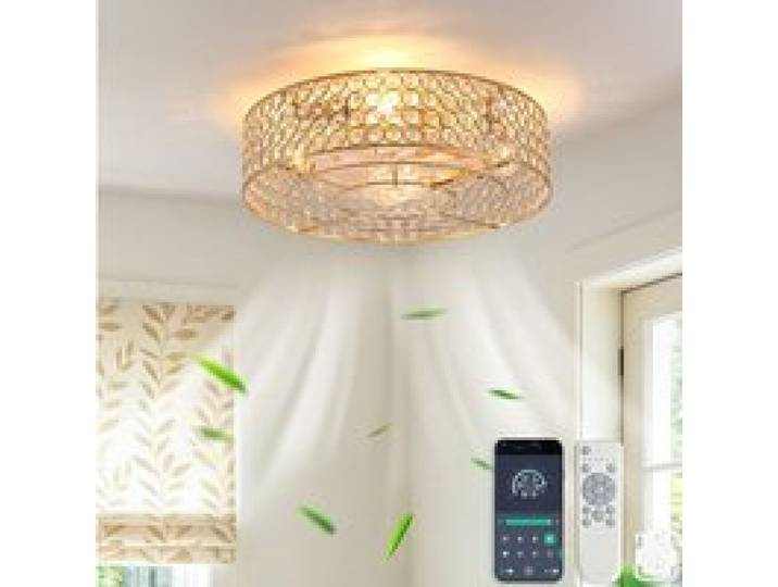 Plafonnier Ventilateur Cristal Doré Design Rond FloraGrace Pour Chambre Télécommande Et App Bluetooth 50x50x16 5cm