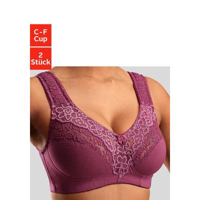Entlastungs-BH "BH ohne Bügel, bügelloser BH, Komfort-BH, Baumwoll-BH", Damen, Gr. 85, Cup F, lila (burgund, weiß), Spitze, Obermaterial: 55% Baumwolle, 40% Polyamid, 5% Elasthan, PETITE FLEUR BY LASCANA, BHs Entlastungs-BH, mit breiten Trägern &...