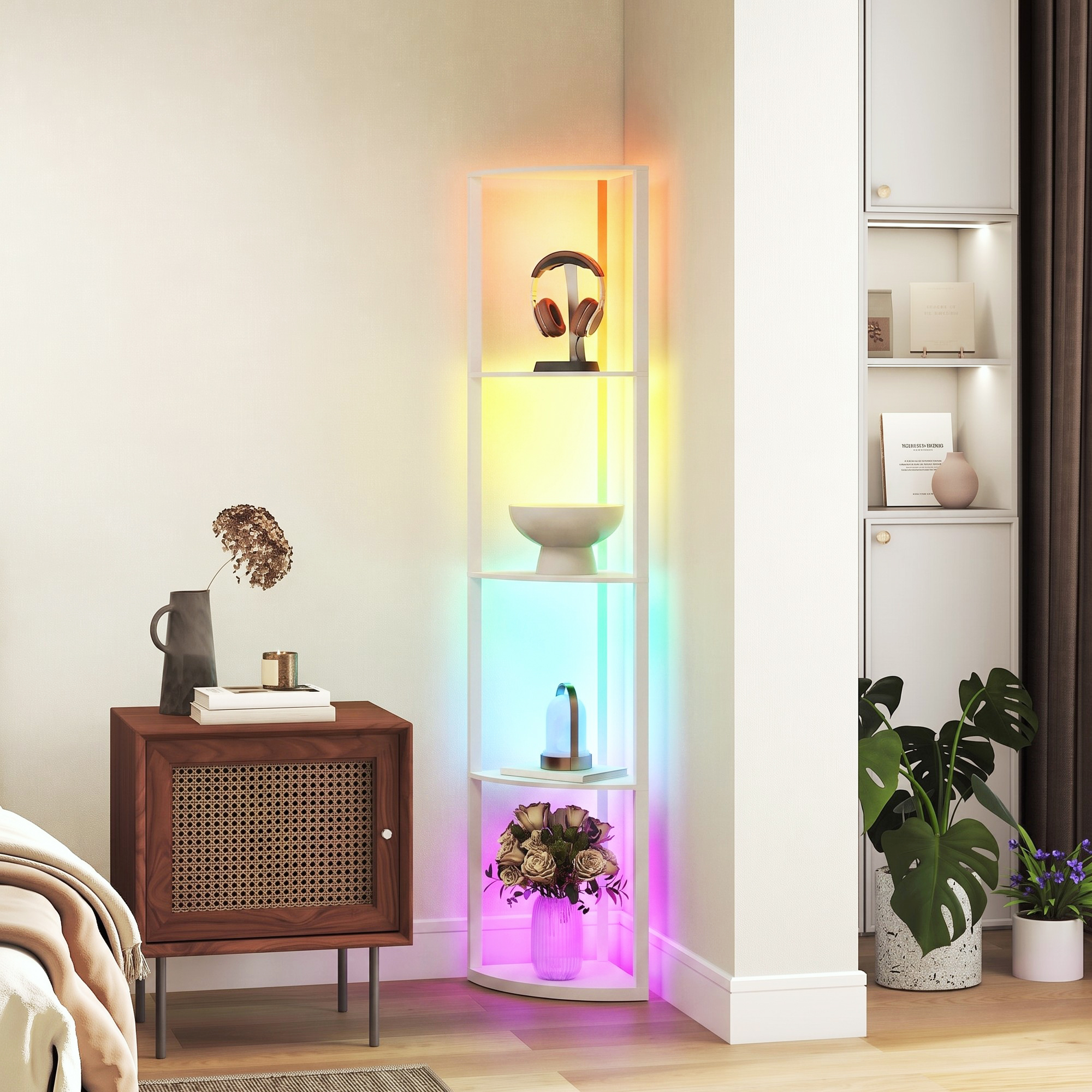 Homcom Lampada da terra LED dimmerabile a 5 livelli con ripiani, RGB e telecomando, Bianco   Aosom Italy