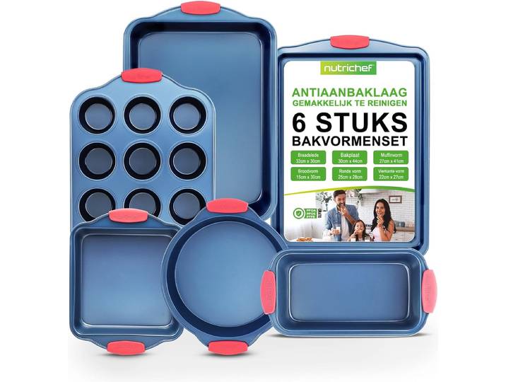 NutriChef\, Bakvorm set \,6-delige Antiaanbak Bakvormen set - PFOA-\, PFOS-\, PTFE-vrij Koolstofstaal Bakblikken met Hittebestendige Siliconen Handgrepen- Ovenbestendig tot 230°C