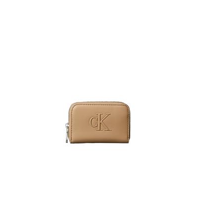 Geldbörse CALVIN KLEIN "BOLD CK MEDIUM ZIP AROUND", Damen, beige (tannin), Lederimitat, unifarben, Kleinlederwaren, Mini Portemonnaie, Geldbeutel, Money Pocket mit CK-Logo