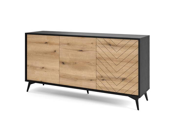 Komodee Sideboard Jasper K154 - Eiche Evoke, Schwarz, Schwarz, Eichefarben, Metall, 3 Fächer, 154x77x39 cm, Kleinmöbel, Kommoden, Sideboards