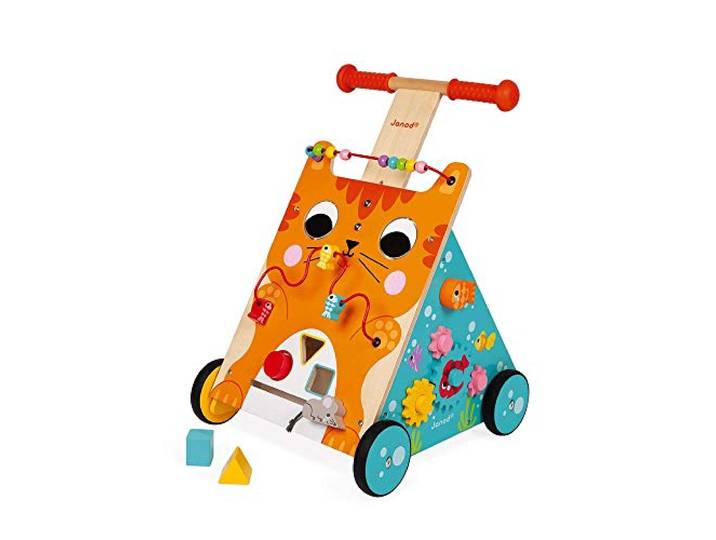 Janod Wooden Activity Baby Walker Cat - Push Along Toy with Brake and Height Adjustable Handle - First Steps, Learning to Walk - From 12 Months Old, J08005
