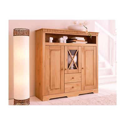 Highboard OTTO HOME "Lisa Kommode, offene & geschlossene Fächer & dekorative Fräsungen", beige (natur gebeizt, gewachst), B:130cm H:125cm T:35cm, Massivholz, Sideboards, Highboard, massives Kiefernholz, 3 Türen, und 2 Schubladen, dekorativen Fräsungen