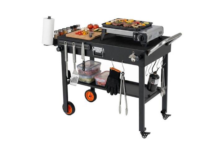 COSTWAY Grillablagetisch, Klappbarer, mit Rollen, Arbeitsfläche & Hitzeschutzmatte