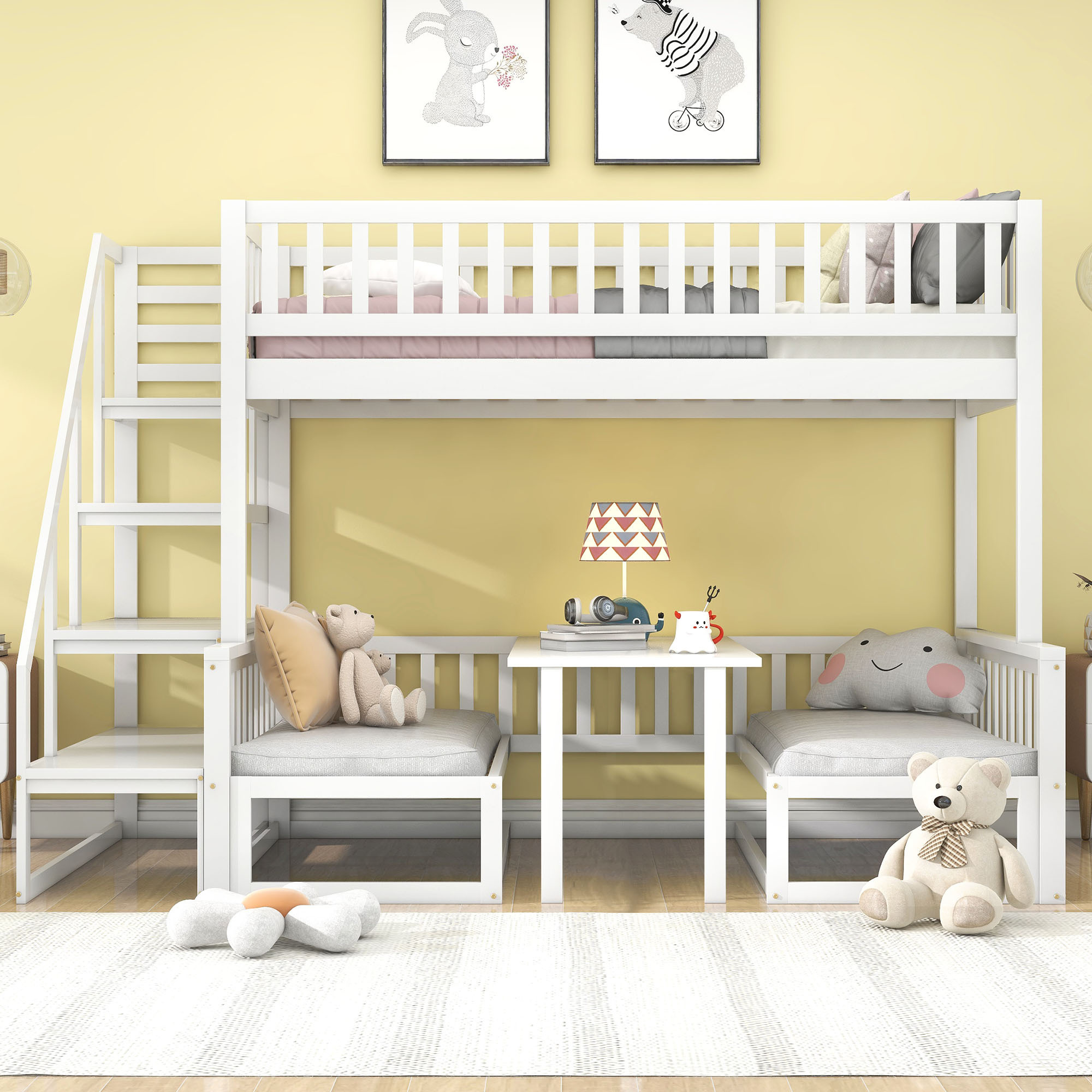 Merax Etagenbett 90x200cm/120x200cm mit Treppe, verstellbarem Tisch und Holzsofa, Kinderbett Hochbett Kieferholzbett