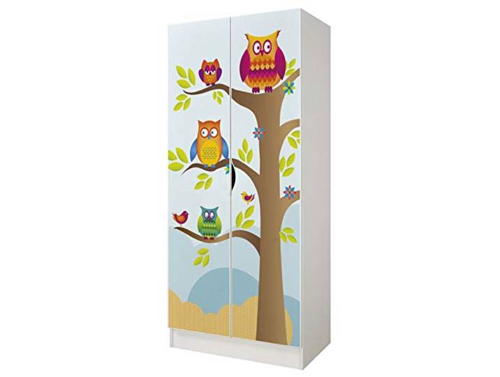 Leomark Roma Kleiderschrank 2-türig aus Holzwerkstoff, Eulen, Weiß Maße 70x42,5x161,5 cm, 3 Fächer, Hängebereich für Kleidung, verstellbare Scharniere, abriebfester UV-Druck, sicherer Griff