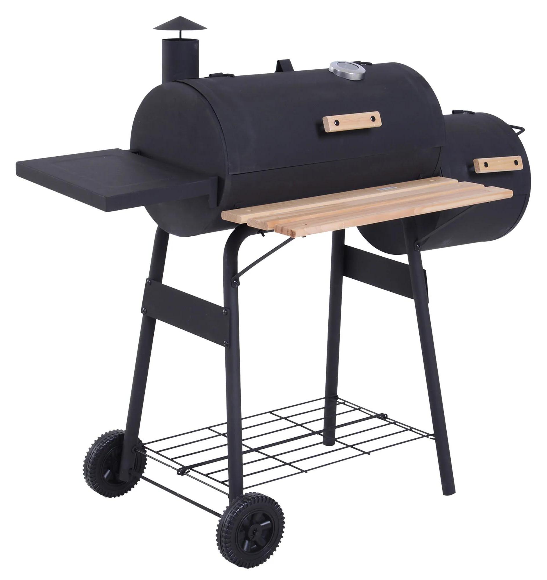 Barbecue Holzkohlegrill Smoker - Standgrill - Deckel mit Thermometer - Räder und Ablagen - Kaltgewalzter Stahl - Armeegrün