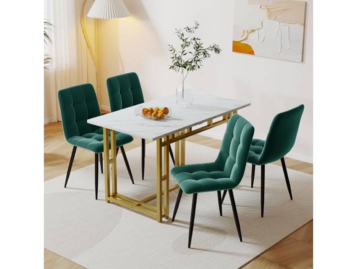 KUAKE 120x70cm Esstisch mit 4 Stühlen Set,Moderne Küche Esstisch Set, Gold Eisen Beintisch (Dunkelgrüner Esszimmerstuhle)