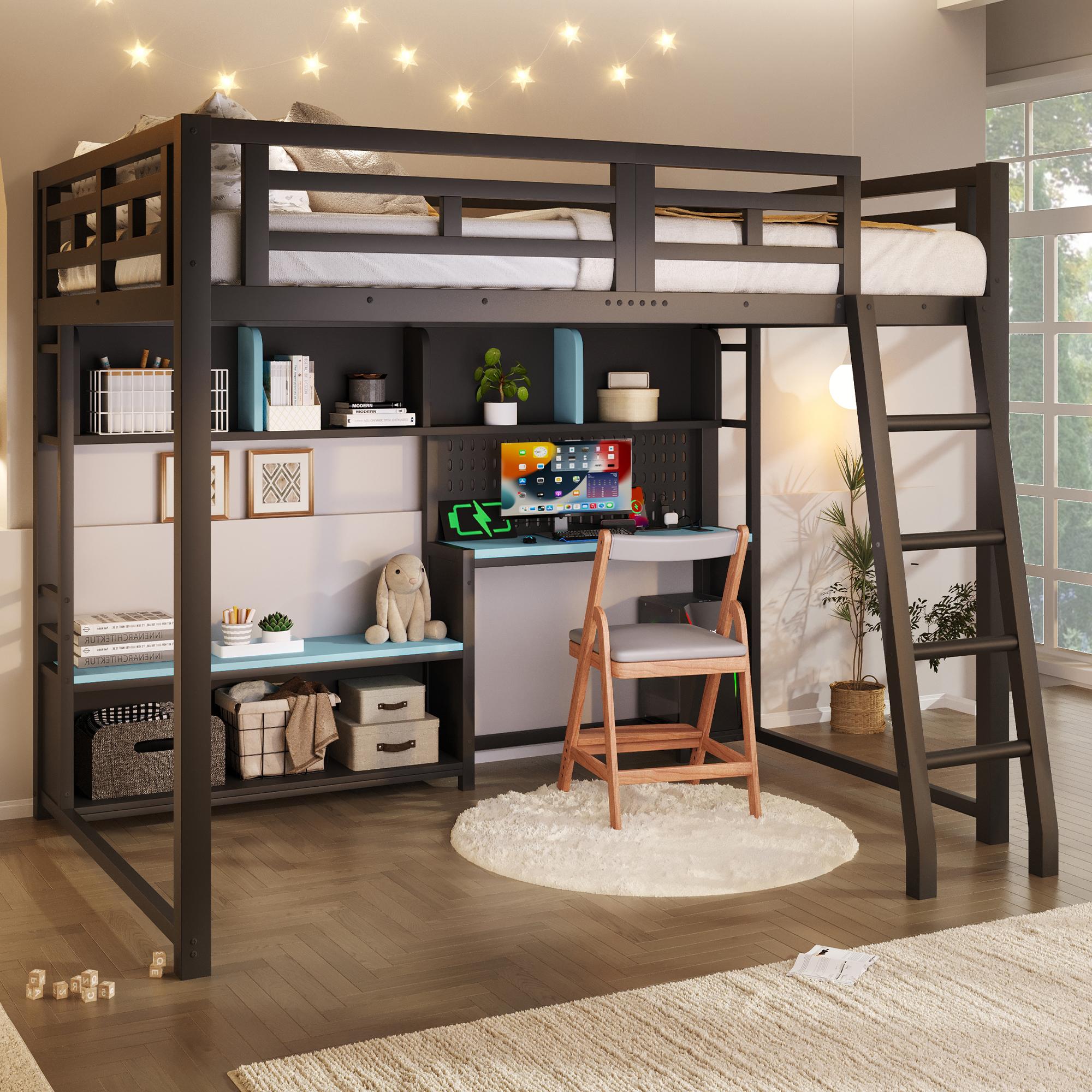 Metall-Etagenbett 140x200, Gaming-Stil, Schreibtisch, LED, Aufbewahrungsregale