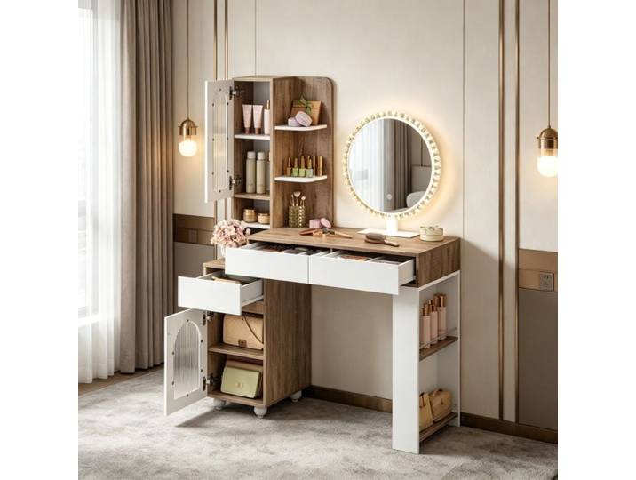 Coiffeuse avec miroir rond à LED et armoire haute coiffeuse élégante espace beauté complet coiffeuse Chêne blanc et clair