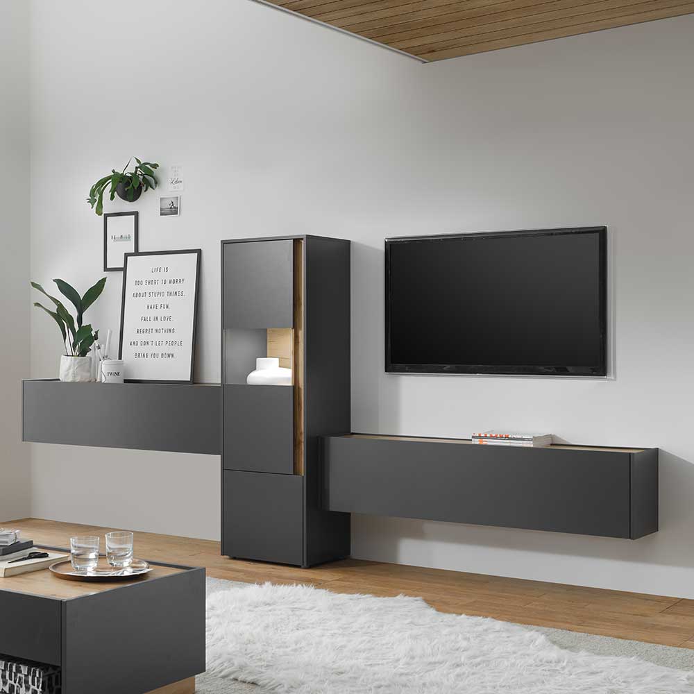 Pharao24.de Design Wohnwand in Anthrazit und Wildeiche Optik 350 cm breit (dreiteilig)