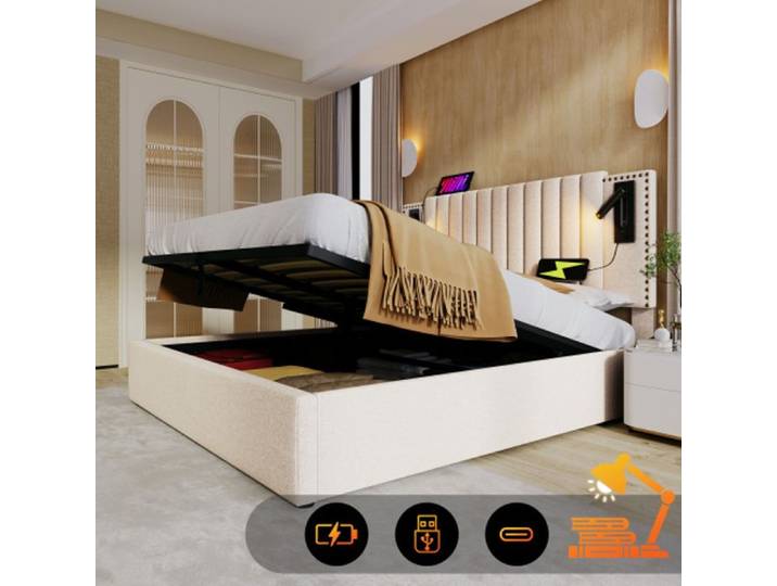 Lit double - MUVOE - 180x200 - Rembourré - Avec rangement - Charge USB