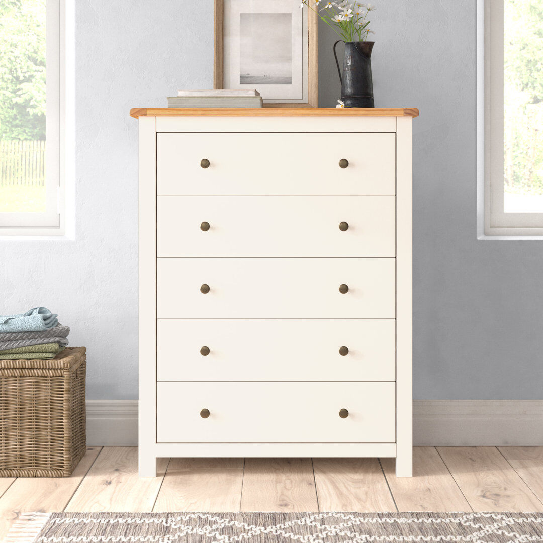 Lark Manor Hendrix 90 cm W Chest of 5 Drawers White 115cm H X 90cm W X 40cm D