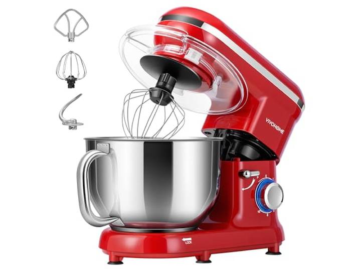 VIVOHOME 1500W Küchenmaschine 5,7L mit Edelstahlrührschüssel 10 Stufen und Pulsfunktion, Teigmaschine mit Spritzschutz, Knethaken und Rührbesen, für Brot und Kuchenteig, Rot