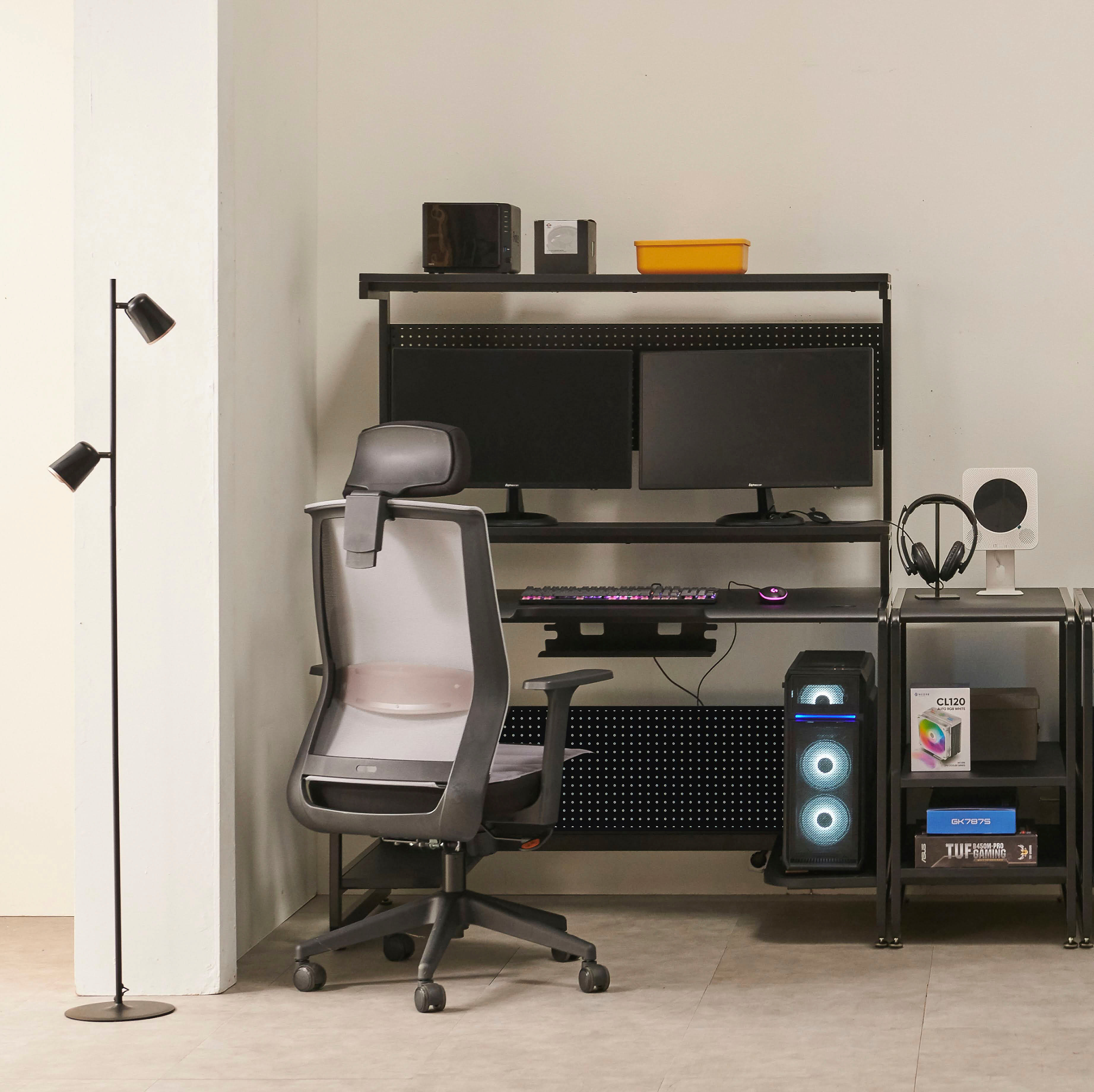 Schreibtisch MÖBILIA, schwarz (schwarz, schwarz, schwarz), B:120cm H:148cm T:70cm, MDF, Gestell Metall, Tische, Schreibtisch, mit multifunktionalen Features
