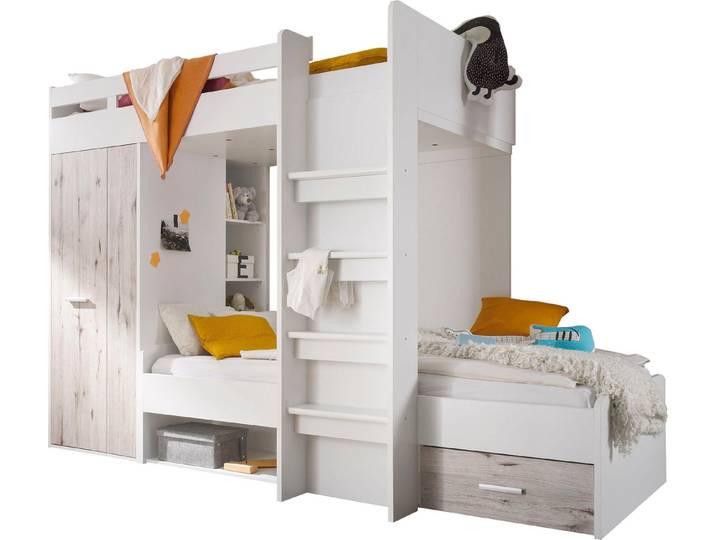 Begabino Hochbett MAXI mit 2 Liegeflächen, Kleiderschrank und Regalen