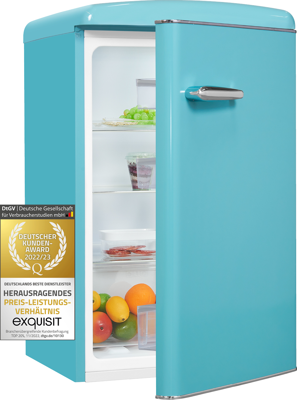 Exquisit Retrokühlschrank RKS120-V-H-160F taubenblau | Standgerät | 122 l Volumen | taubenblau