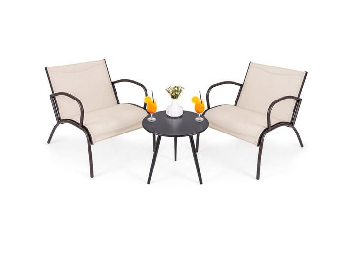COSTWAY Ensemble 3 PCS Table et Chaises de Jardin Extérieur Siège Incurvé en Tissu Meubles d'Extérieur pour Balcon Patio Piscine