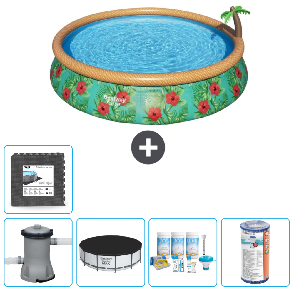 Bestway runder aufblasbarer Fast-Set-Schwimmpool - Paradise Print - 457 x 84 cm - inklusive Pumpe Abdeckung - Wartungspaket - Filter - Bodenfliesen