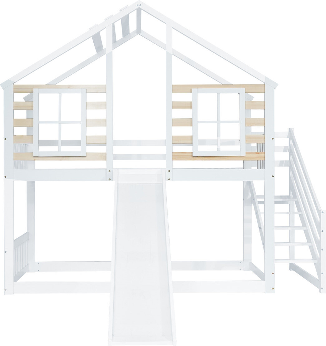 Etagenbett, Holzbett mit Treppe und Gitter, mit Rutsche und Fenster, Blockhaus Kinderbett mit Absturzsicherung, Bettrahmen aus Massivholz