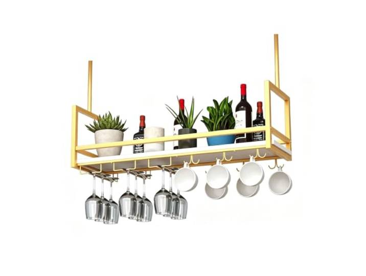 Einstöckiges Decken-Weinregal für die Küche, das Restaurant, die Bar Industrielles schwimmendes Weinflaschenregal mit Leitplanke und Stielglashalter(Gold,L80xW30cm)