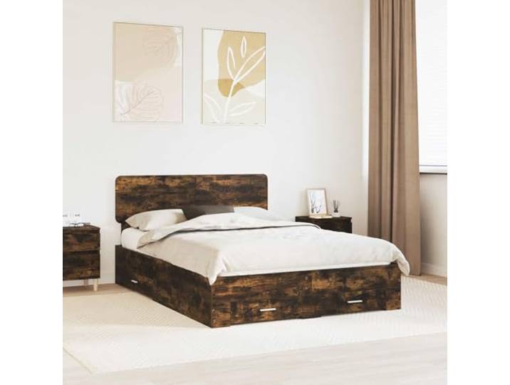 RJPLMFV Bettgestell, Raucheiche, 150 x 200 cm, Holz Mit Aufbewahrungsschubladen, Lamellen inklusive, minimalistisches Design, einfache Montage