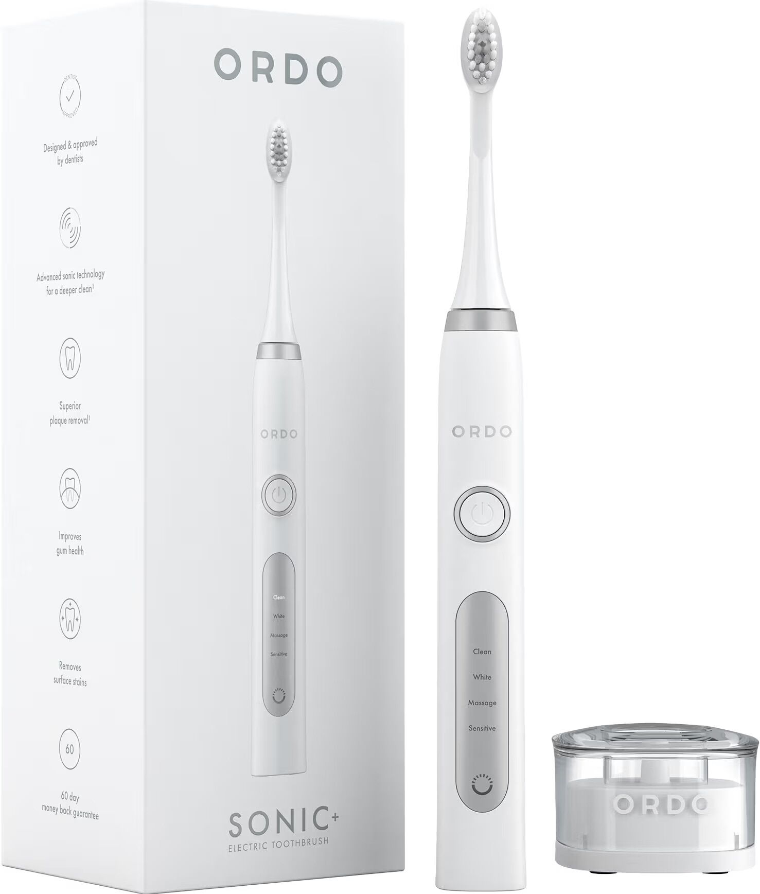 Ordo Cepillo de dientes eléctrico Sonic blanco con 4 modos de cepillado y batería recargable rápida. Blanco