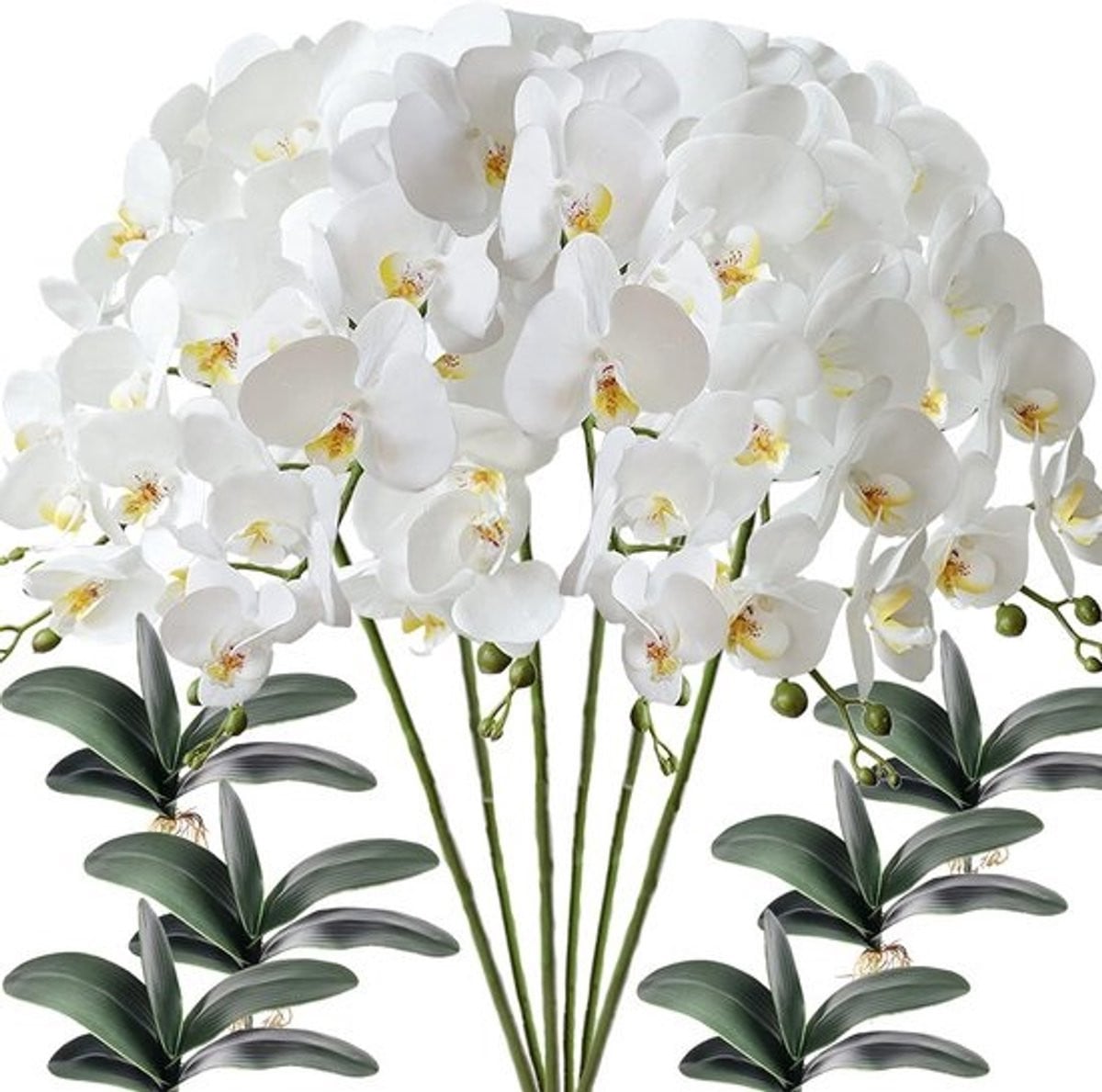 Witte Kunst Phalaenopsis Orchidee Set met 6 Bloemen en 4 Bundels Bladeren - Real Touch PU - 80 cm