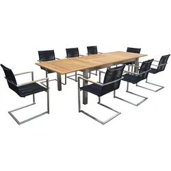 OUTFLEXX Garten-Essgruppe, silber/schwarz, Edelstahl/Teak, Ausziehtisch 200-300 x 100 cm, 8 Freischwinger, FSC®-zertifiziertes Produkt