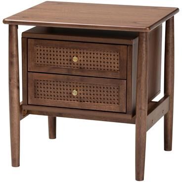 Baxton Studio Alyssa Japandi Walnut Brown Wood 2-Drawer Nightstand Woven with Rattan