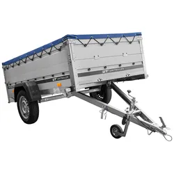 PKW-Anhänger mit ALU-Bordwänden 230x125 Garden Trailer 230 KIPP ALU mit Alu-Bordwandaufsatz, blauer Flachplane und Flachplanenträger