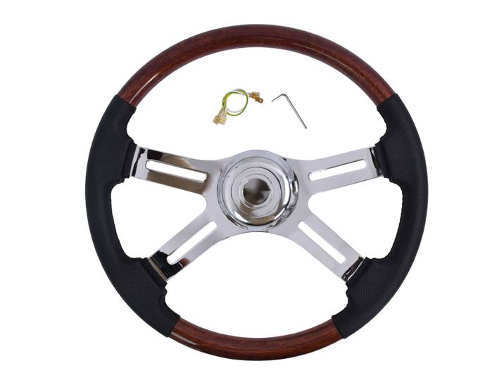 Volant de camion en cuir à grain de bois de 18 pouces, 4 branches, volant en aluminium chromé pour semi-remorques et camions