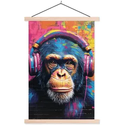 POSTER MIT MAGNETLEISTEN Graffiti - Schimpanse - Straßenkunst - Kopfhörer - Affe Wandbild Schlafzimmer 60x90 cm