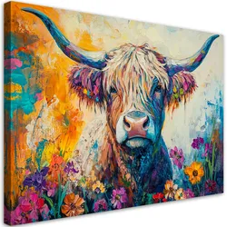 WANDBILD bunte schottische kuh blumen