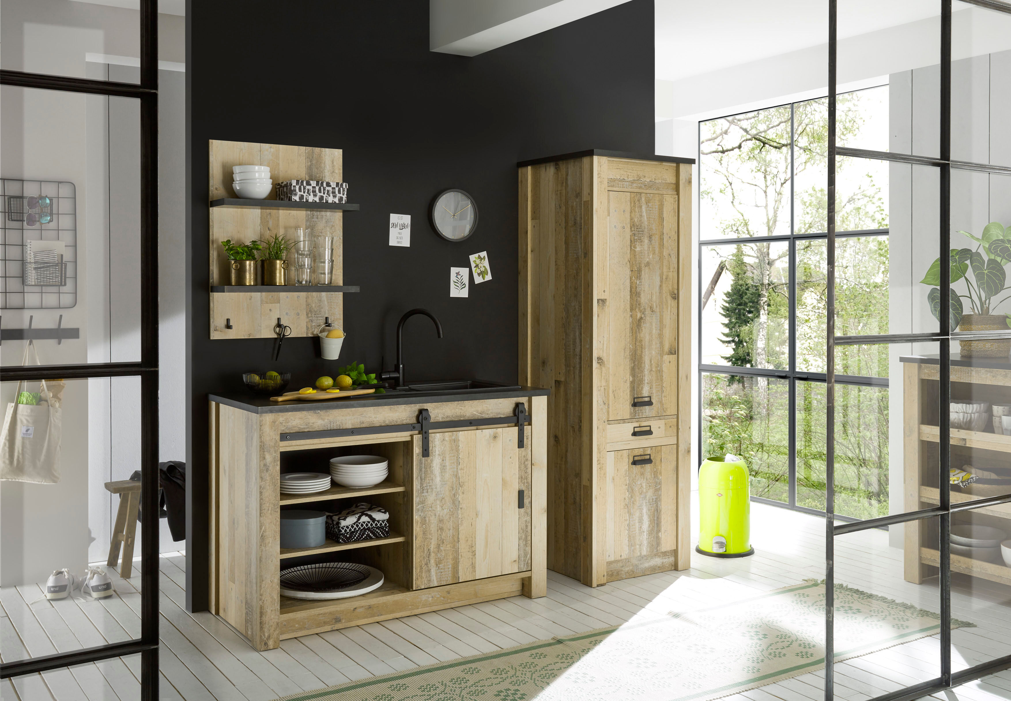 Küche HOME AFFAIRE "Sherwood", braun (küche: natur, korpus: old style hell, arbeitsplatte: anthrazit), B:210cm T:64cm, Komplettküchen-Sets, Küche, Breite 210 cm, ohne E-Geräte küche: natur, korpus: old style hell, arbeitsplatte: anthrazit B/H/T: 210cm x 6