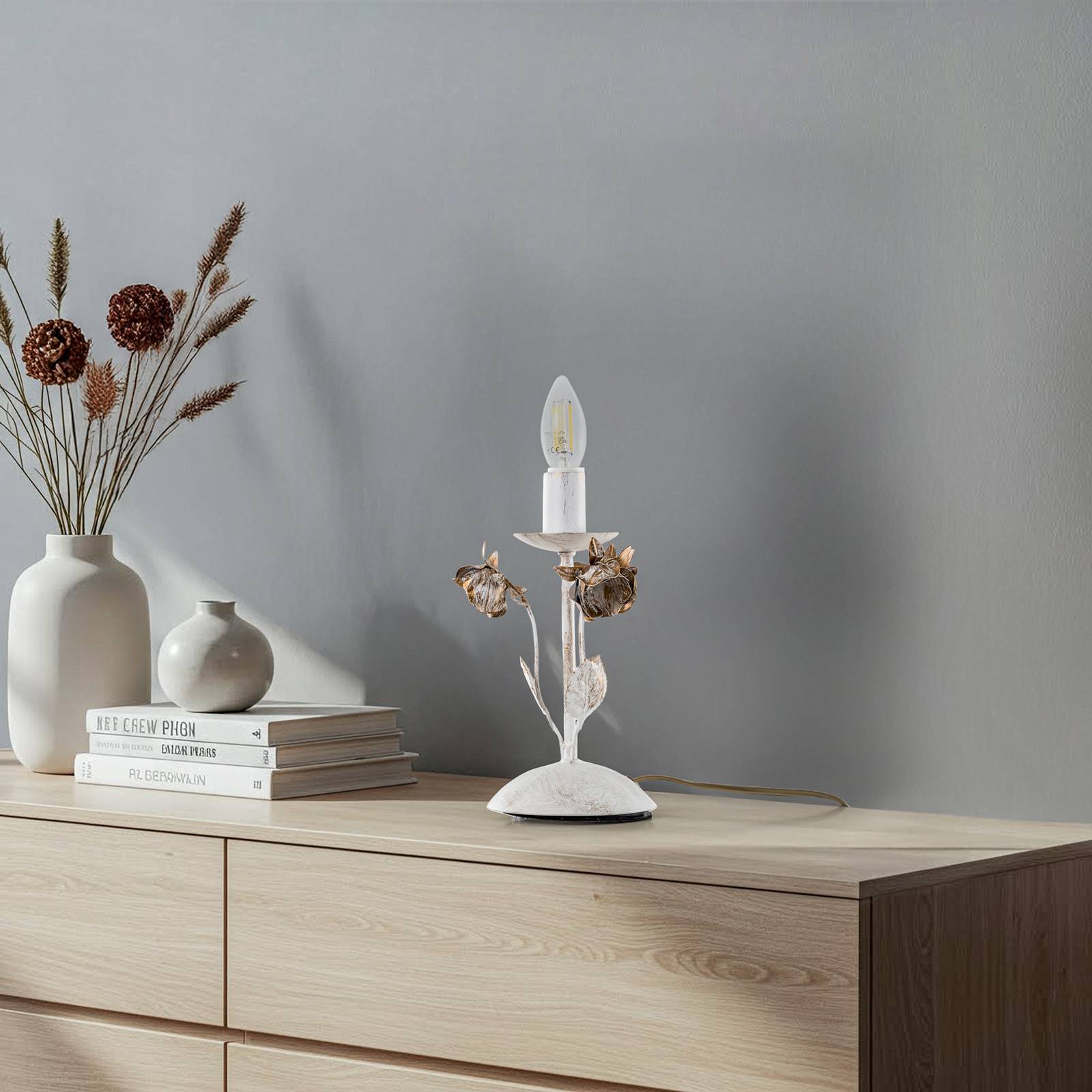 Tischleuchte Carolina, elfenbeinfarben, 1-flammig, Eisen Carolina ONLI, weiß / opal, für Wohn- / Esszimmer, Metall, Florentiner, Tischlampe