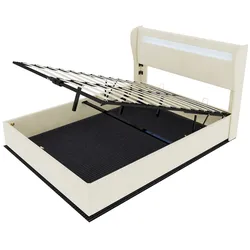 OKWISH Polsterbett Stoff/Metall Beige 200x140 cm mit LED-Beleuchtung und verstellbarer Rückenlehne
