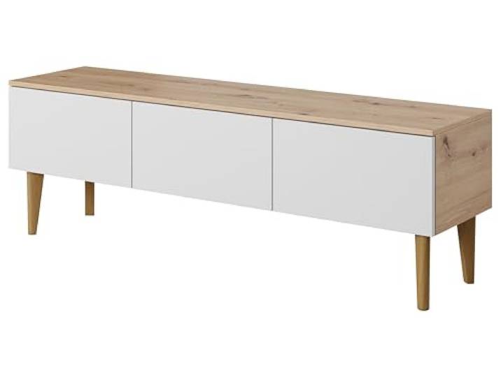 PAWS MEBLE Bergen RTV 150 3D Eiche Artisan/Weiße Front – Skandinavisches TV-Lowboard 150 cm – Push-to-Open – Holzfüße – 3 Klapptüren