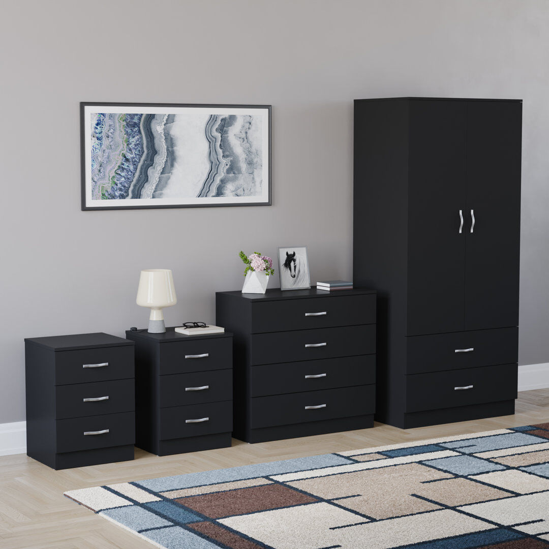 17 Stories Tayce 4 Piece Bedroom Set (3 Drawer Bedside Chest X2, 4 Drawer Chest, 2 Door 2 Drawer Wardrobe) Black