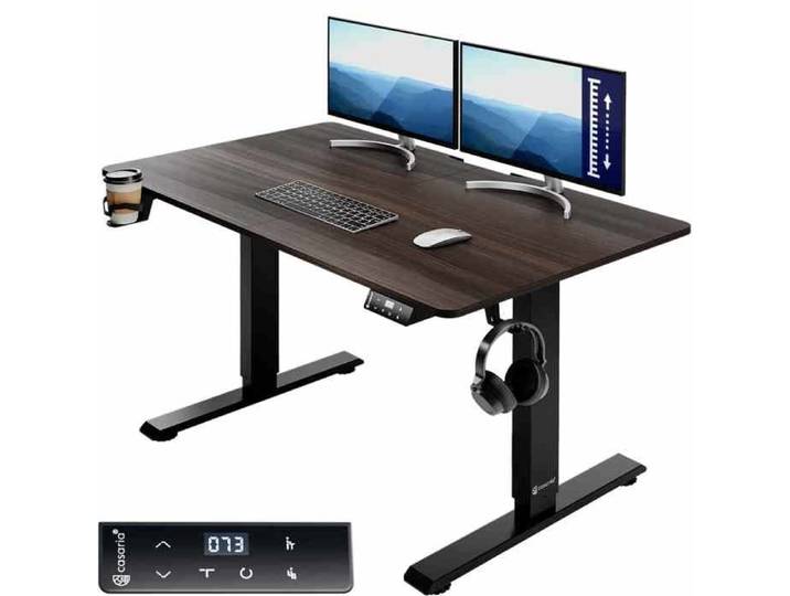 Casaria Bureau réglable en hauteur électrique Brun 110 cm bureau assis debout écran LCD support accessoires télétravail