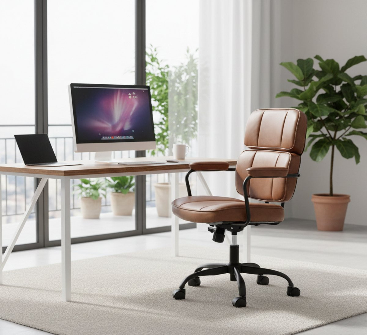 House&Garden Ergonomische Bureaustoel met Hoge Rugleuning – Luxe PU Leren Draaistoel met Armleuningen – Bruin