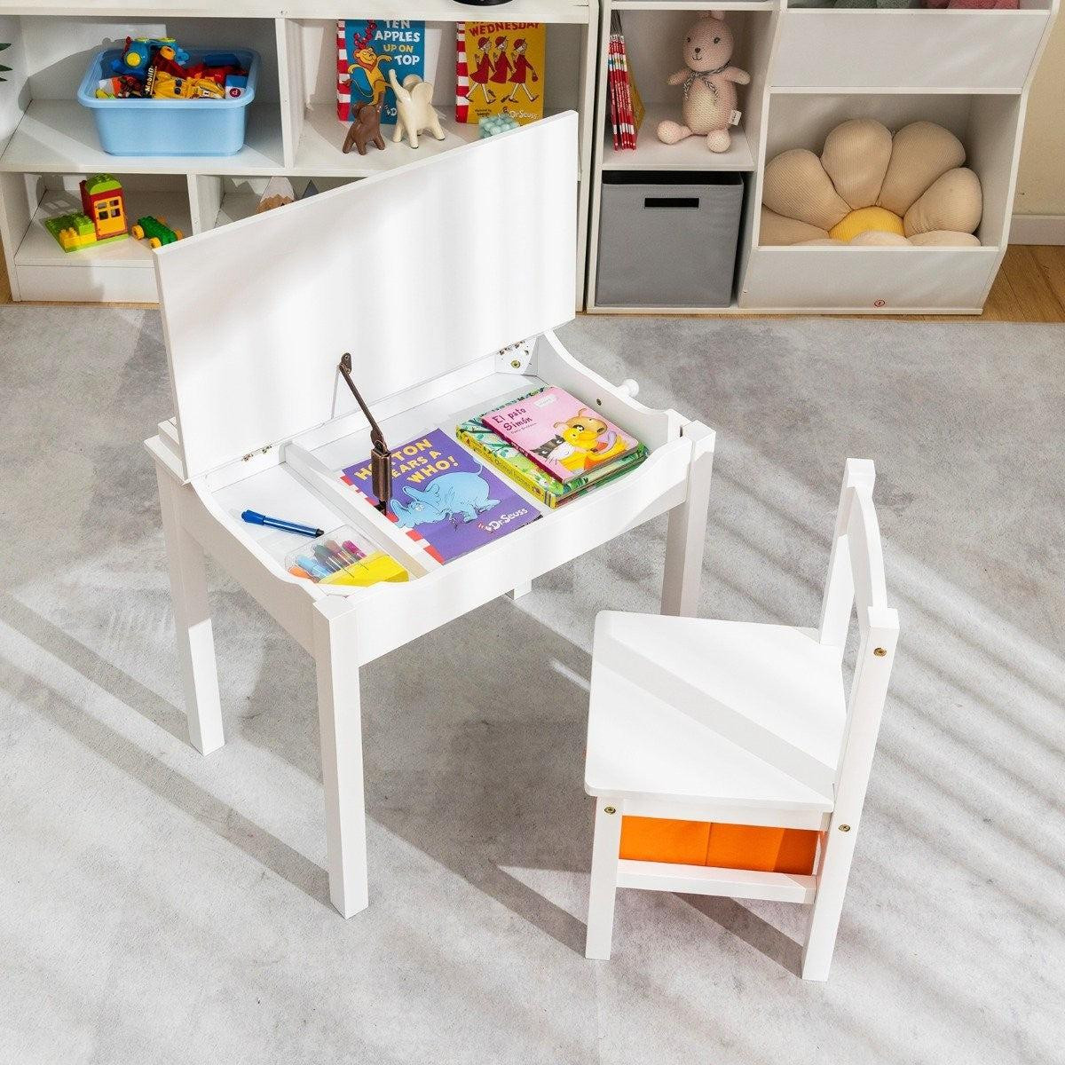 Northix Kindertafel met stoeltje en uitschuifbaar tafelblad, massief hout, wit