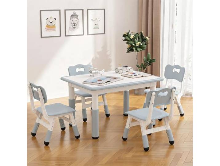 GarveeMore Höhenverstellbare Kinder-Sitzgruppe (1 Tisch + 4 Stühle) – ergonomisch & rutschfest – abwischbare Whiteboard-Tischplatte, leicht zu reinigen – für Kinderzimmer & Kita – Hellgrau,